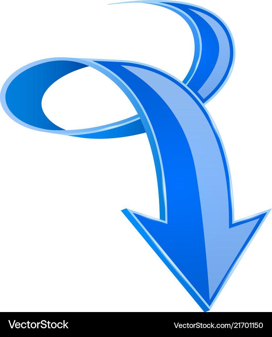 Blue down arrow 3d curled up sign Vector Image