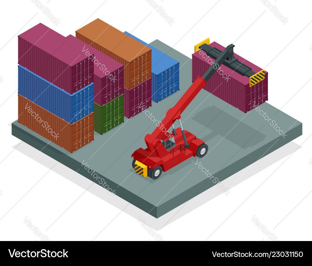 Isometric mobile container handler in action Isometric mobile container handler in action vector image