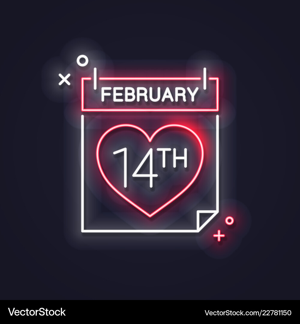 Neon Valentine's Day Calendar - Feb 14 Vector Image