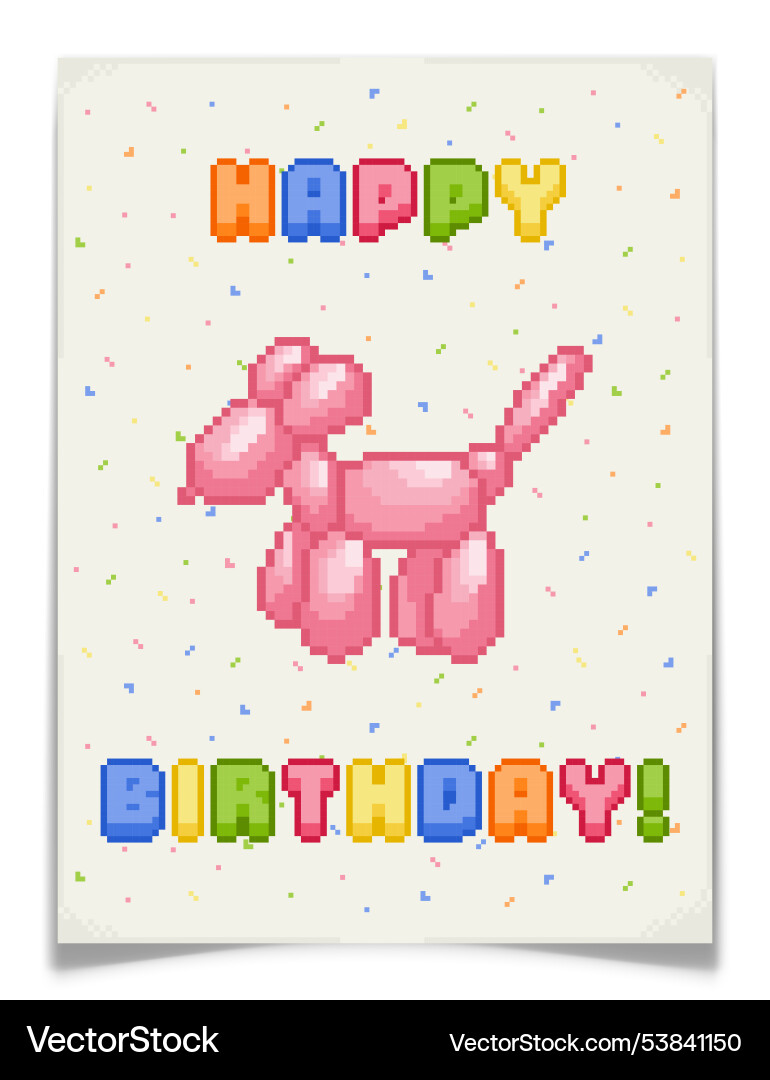 Pixel art happy birthday postcard with balloon dog Pixel art happy birthday postcard with balloon dog vector image