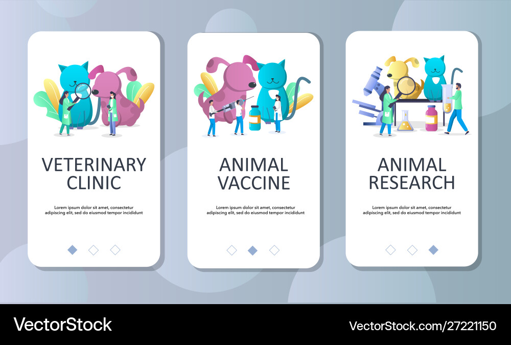 Veterinary clinic mobile app onboarding screens Veterinary clinic mobile app onboarding screens vector image