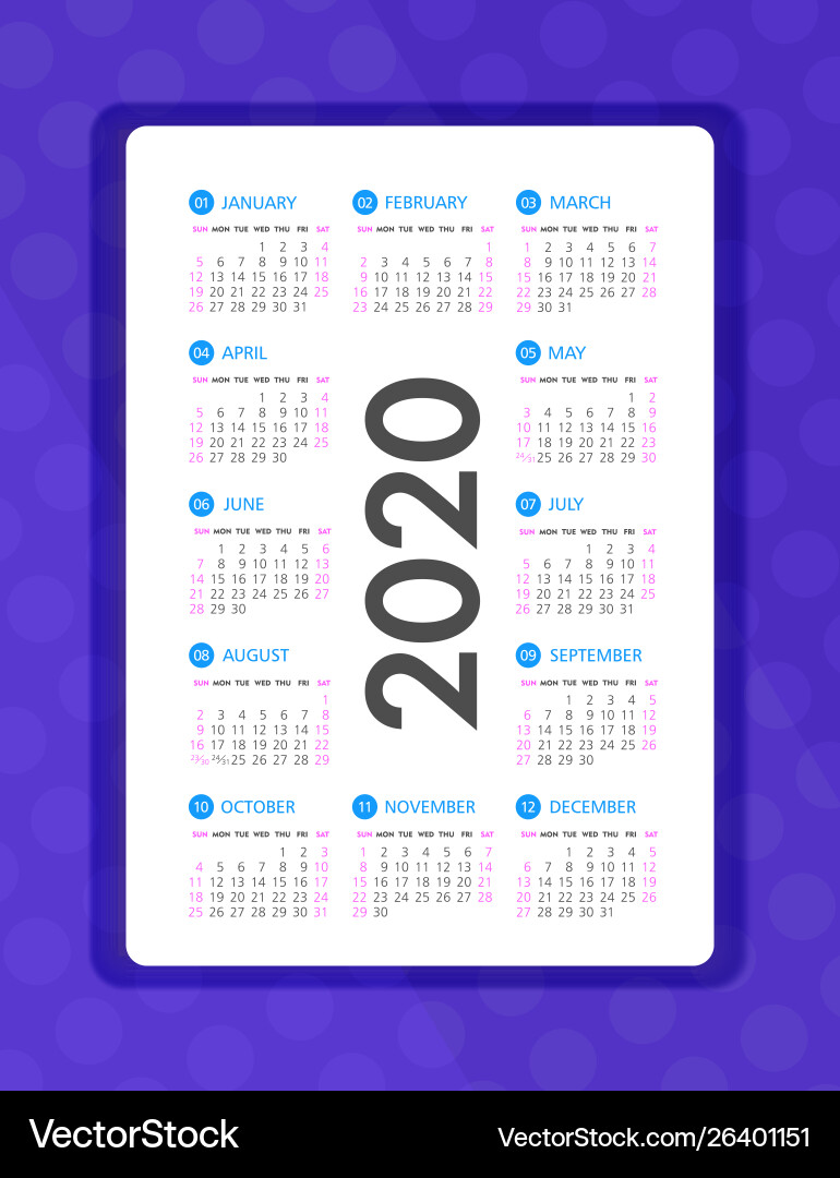 Calendar 2020 year week starts from sunday Vector Image Calendar 2020 year week starts from sunday Vector Image