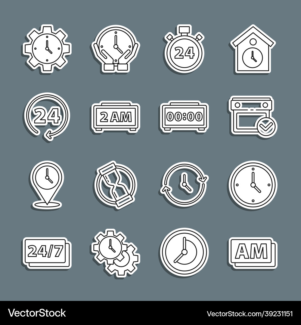 Set line clock am calendar with check mark Set line clock am calendar with check mark vector image