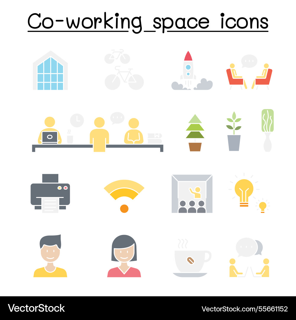 Co-working space and startup set in flat color Co-working space and startup set in flat color vector image