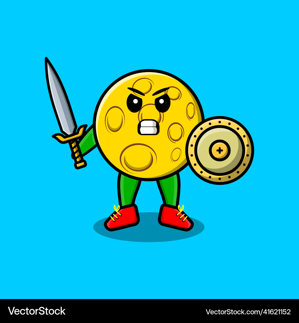 Cute cartoon moon holding sword and shield Cute cartoon moon holding sword and shield vector image