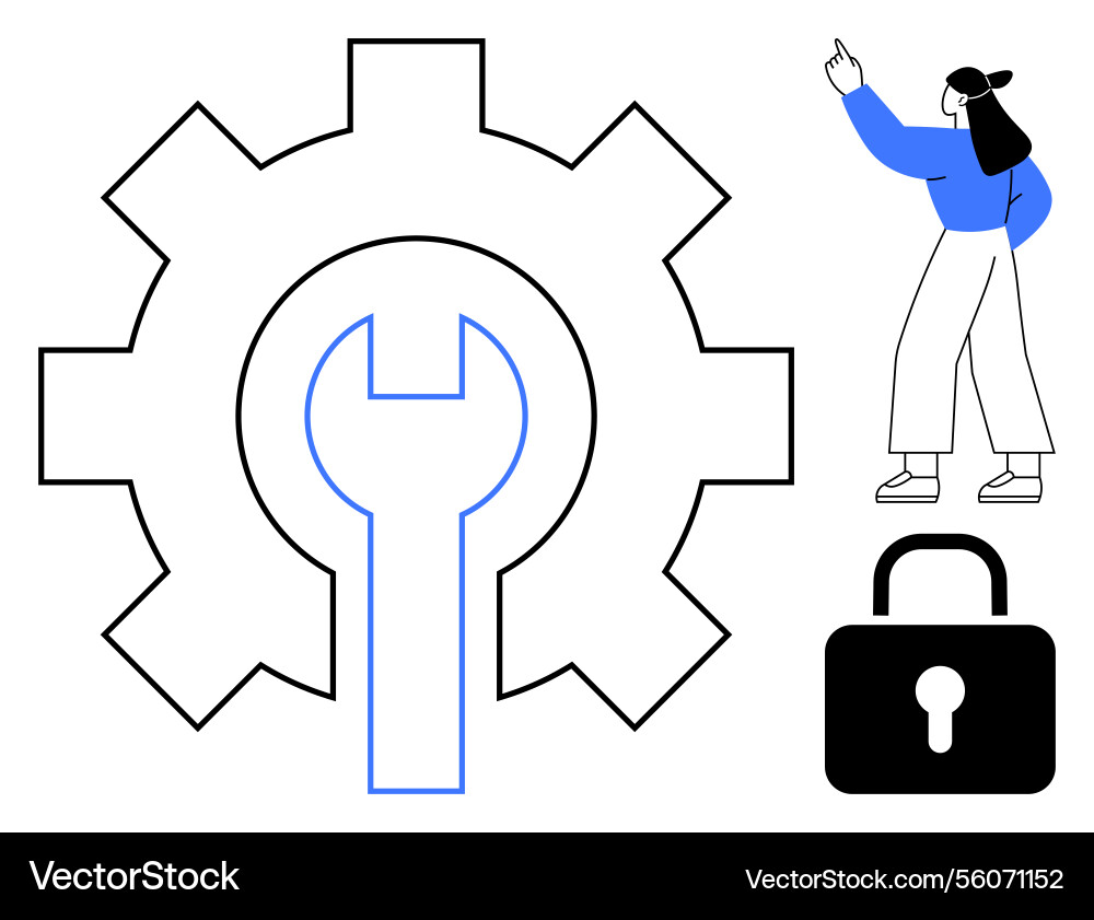 Gear with wrench woman pointing and lock Vector Image