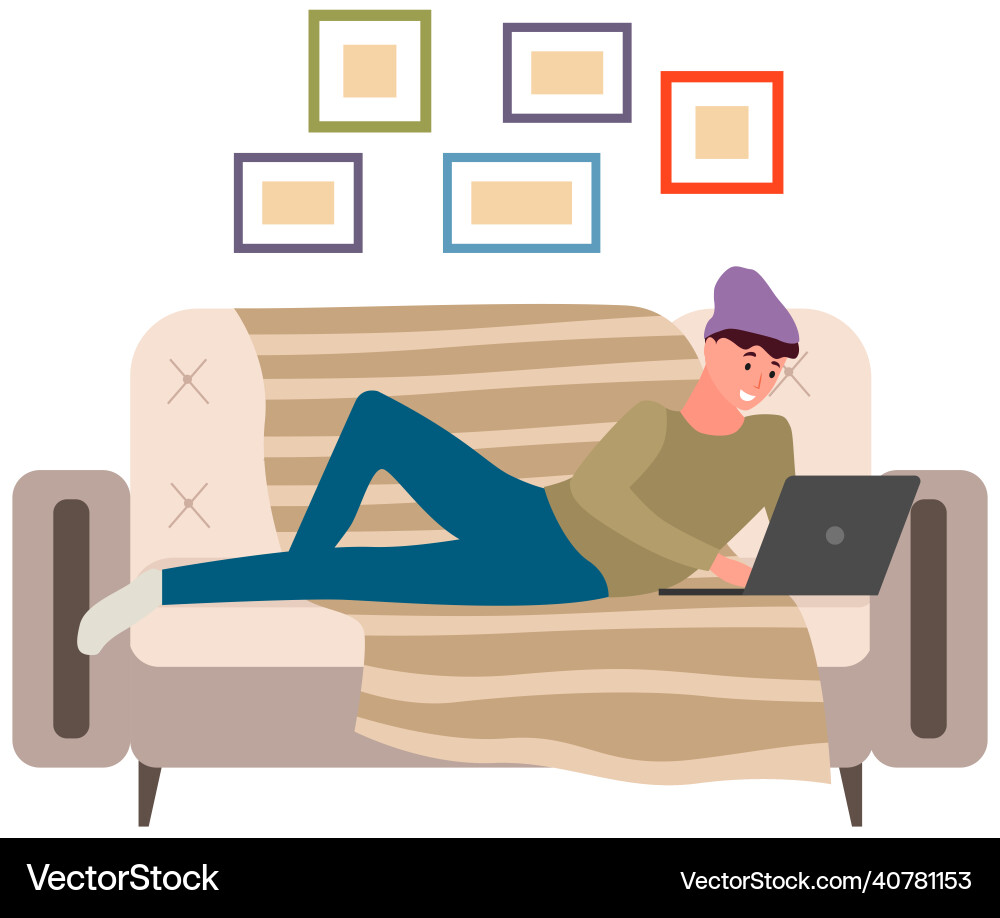 Man is lying and using laptop to chat guy spends Man is lying and using laptop to chat guy spends vector image