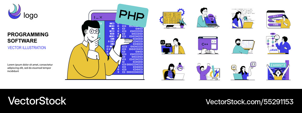Programmiersoftwarekonzept mit Charakter Programmiersoftwarekonzept mit Charakter vektorbild