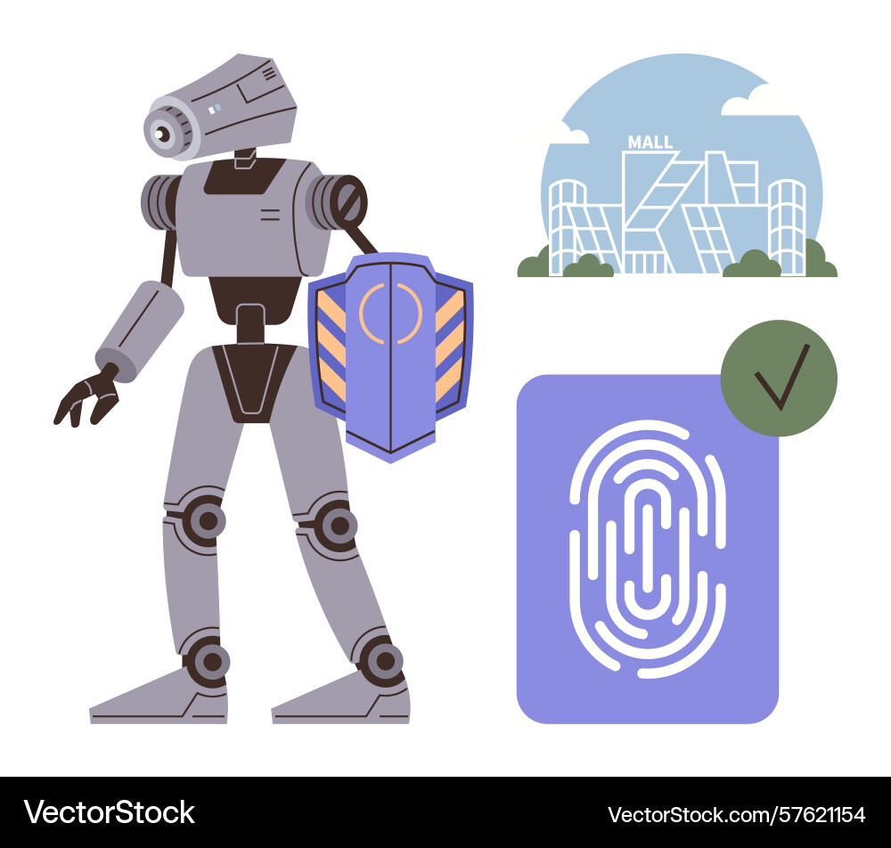 Futuristic robot guard with shield fingerprint vector image