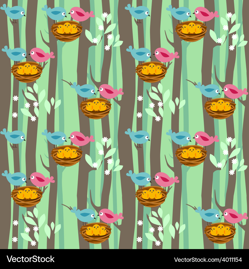 Seamless pattern with spring trees and birds vector image