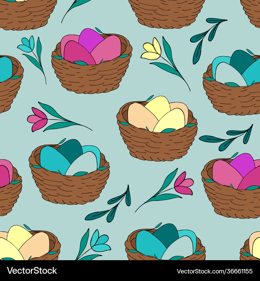 Bird nest with colorful eggs seamless pattern Bird nest with colorful eggs seamless pattern Vector Image