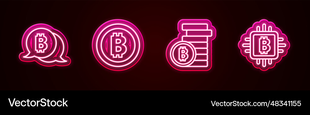 Set line bitcoin and cpu mining farm glowing Set line bitcoin and cpu mining farm glowing vector image