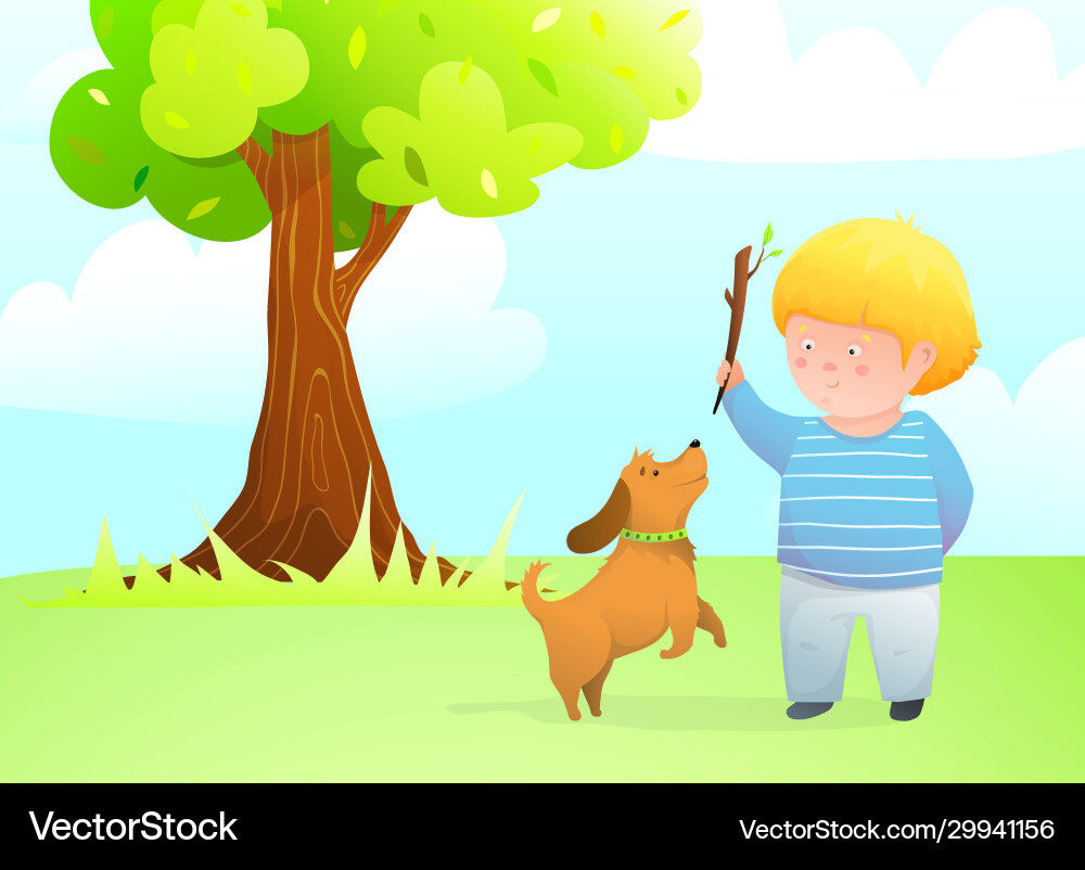 A boy with jumping dog friend playing outside A boy with jumping dog friend playing outside vector image
