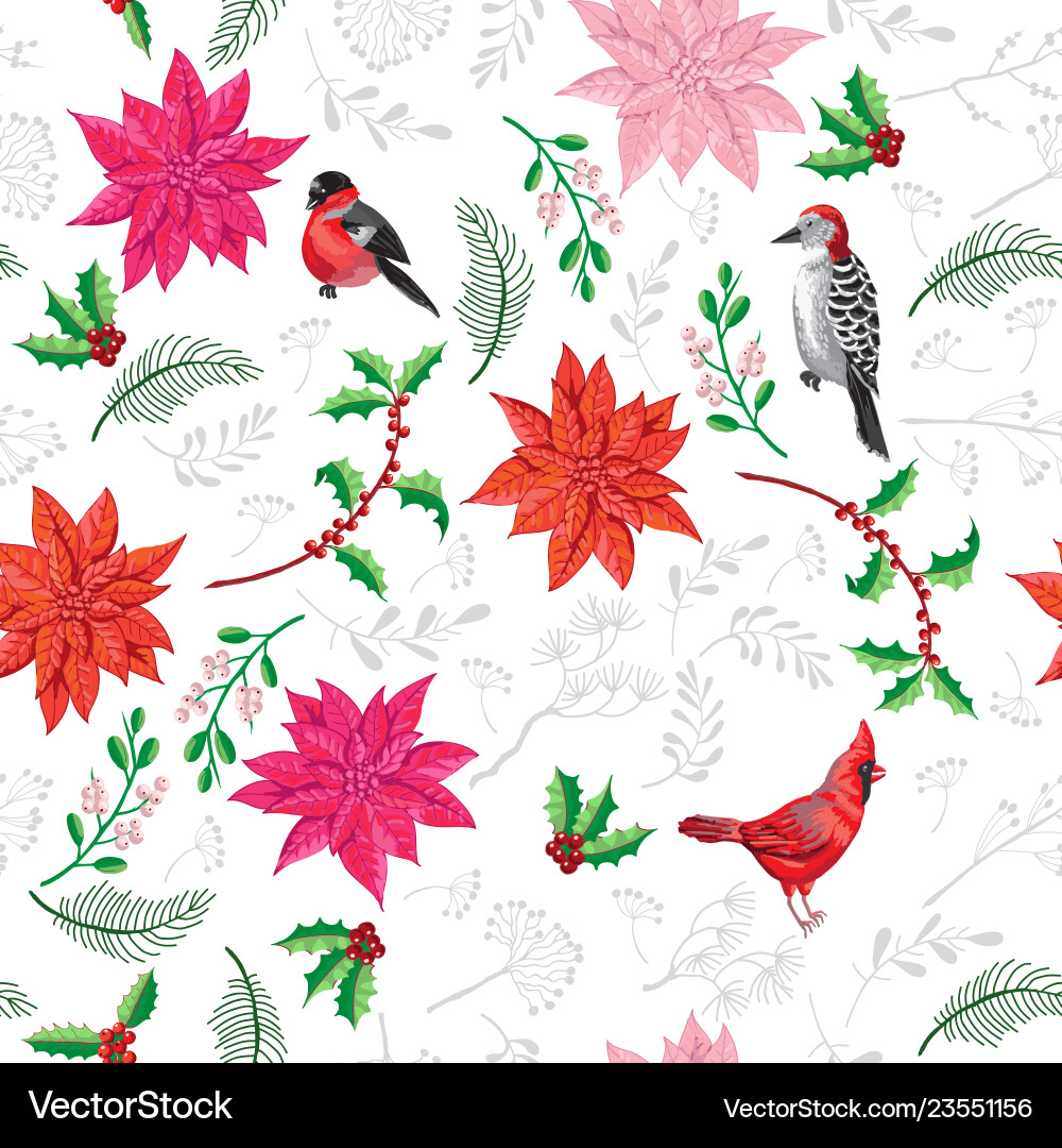 Christmas Bird Poinsettia Seamless Pattern Vector Image