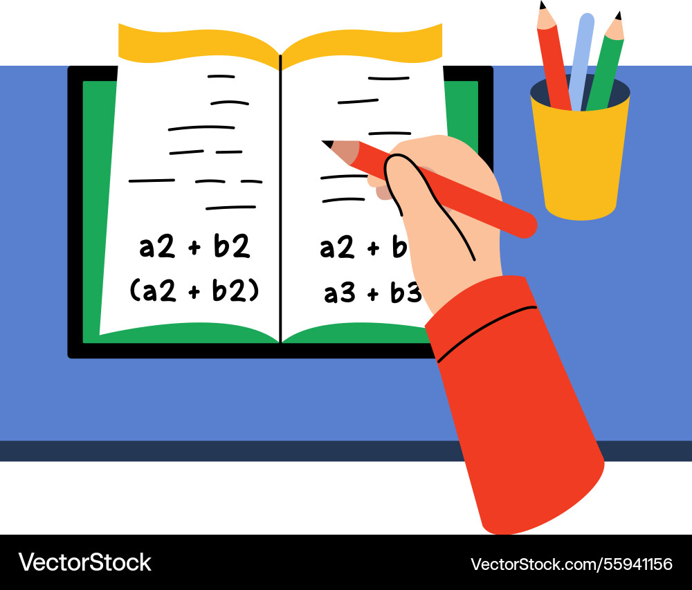 Hands writing on a math notebook flat style illus Vector Image