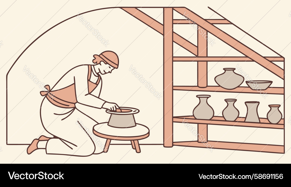 Potter shaping clay in a rustic workshop setting Vector Image