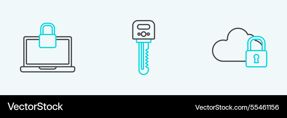 Set line cloud computing lock laptop and key Set line cloud computing lock laptop and key vector image