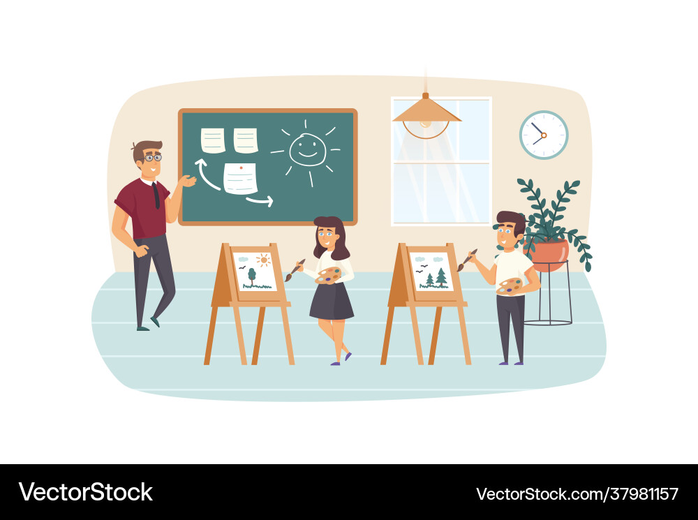 Art lesson scene teacher stand chalkboard Art lesson scene teacher stand chalkboard vector image