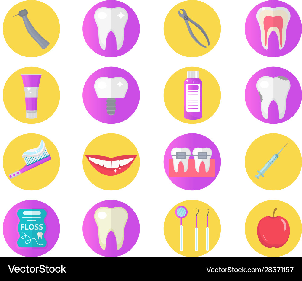 Dental icon set flat style stomatology kit Dental icon set flat style stomatology kit vector image