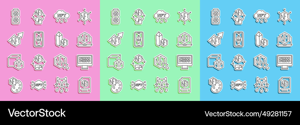 Set line nft contract binary code laptop with art Set line nft contract binary code laptop with art Vector Image