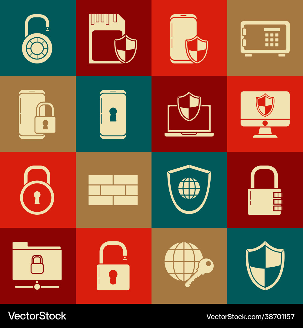 Set shield safe combination lock computer Set shield safe combination lock computer vector image