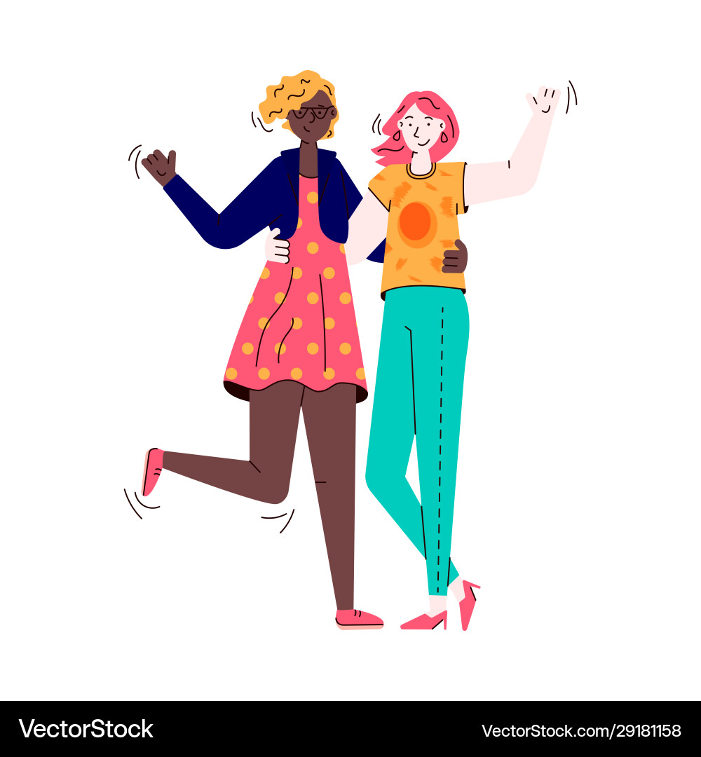 Two women sharing friend hug - cartoon people Two women sharing friend hug - cartoon people vector image