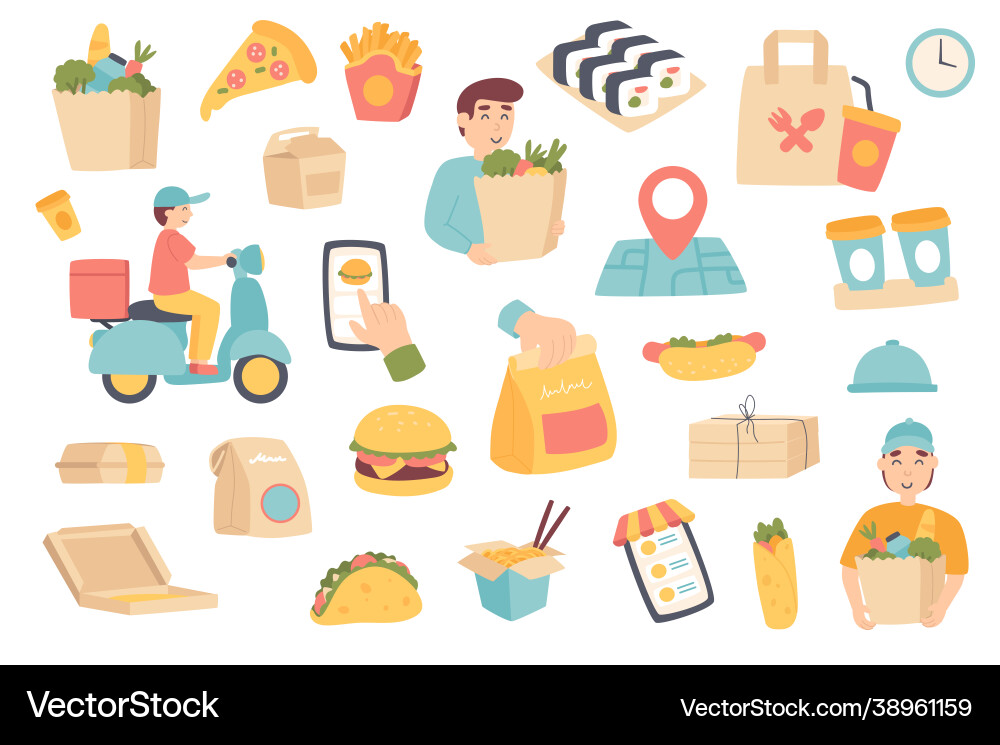 Food delivery isolated objects set vector image