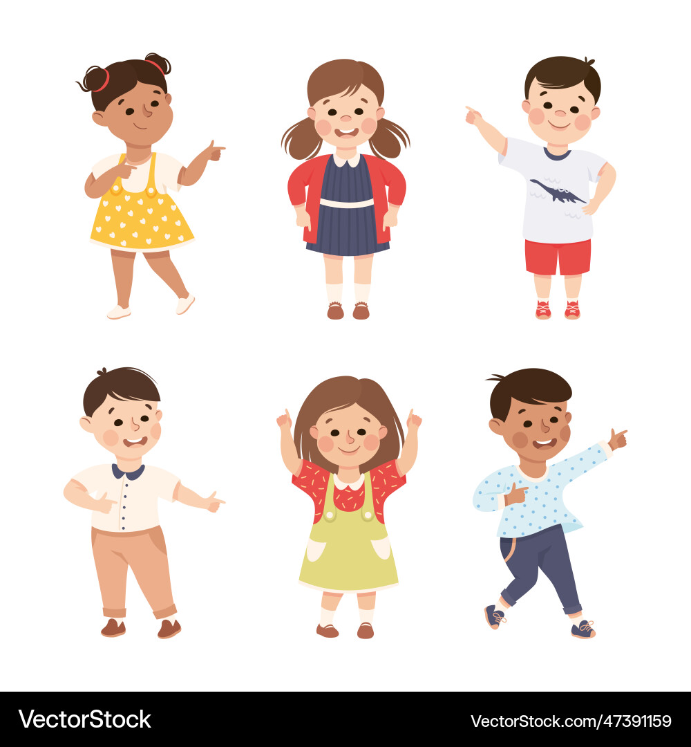 Funny kids pointing at something with extending Vector Image