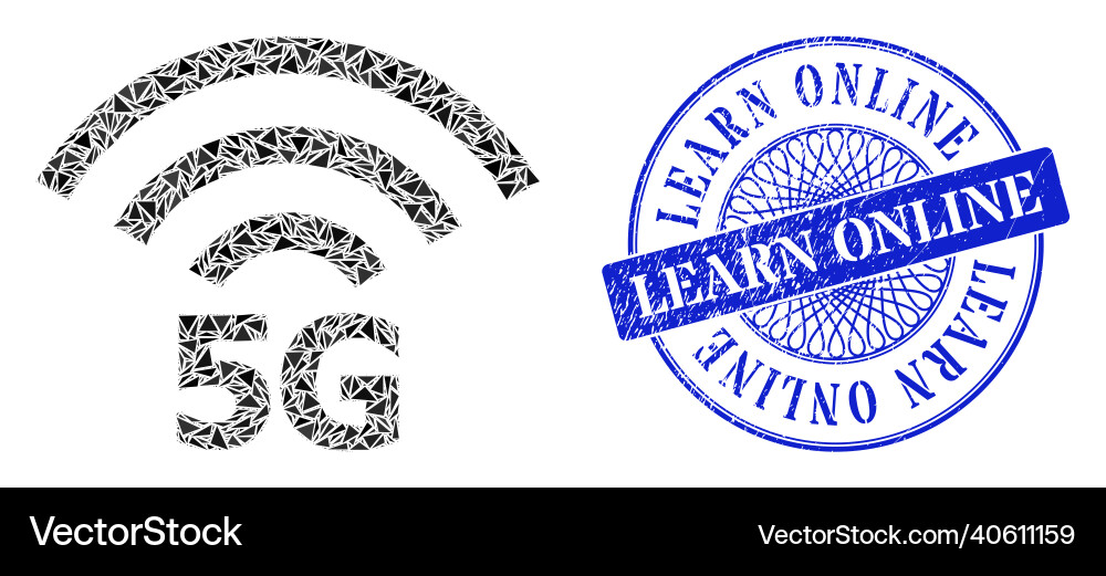 Grunge learn online badge and triangle 5g radio Grunge learn online badge and triangle 5g radio vector image