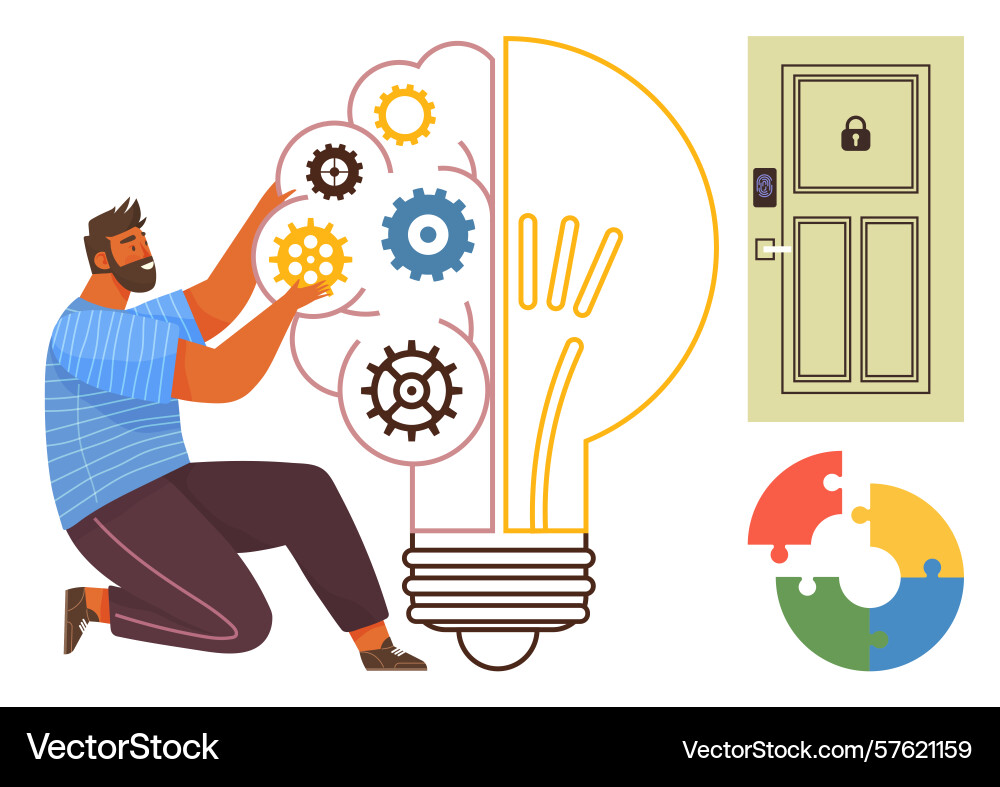Man adjusting gears inside light bulb with locked Man adjusting gears inside light bulb with locked vector image