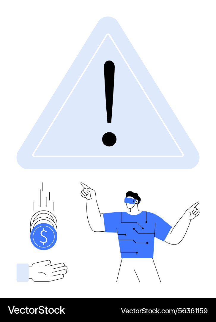 Man pointing at warning sign with falling coins Man pointing at warning sign with falling coins vector image