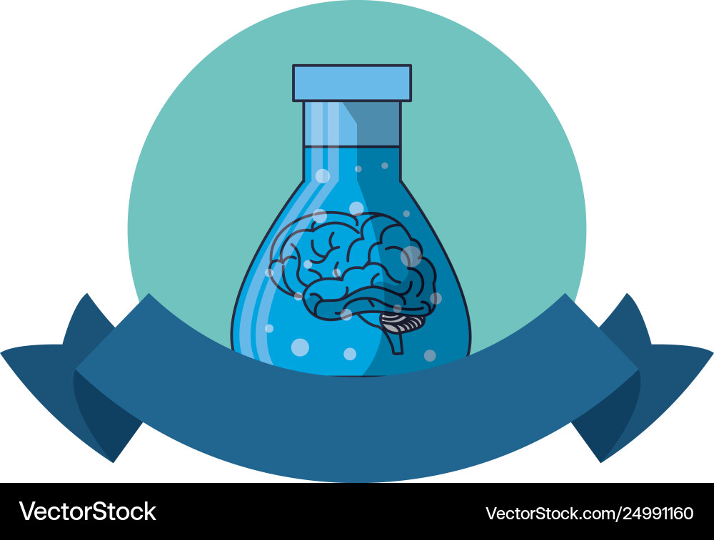 Brain inside flask round emblem Vector Image