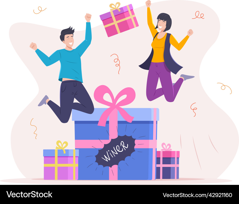 Happy man and woman lottery winners with gift Happy man and woman lottery winners with gift vector image
