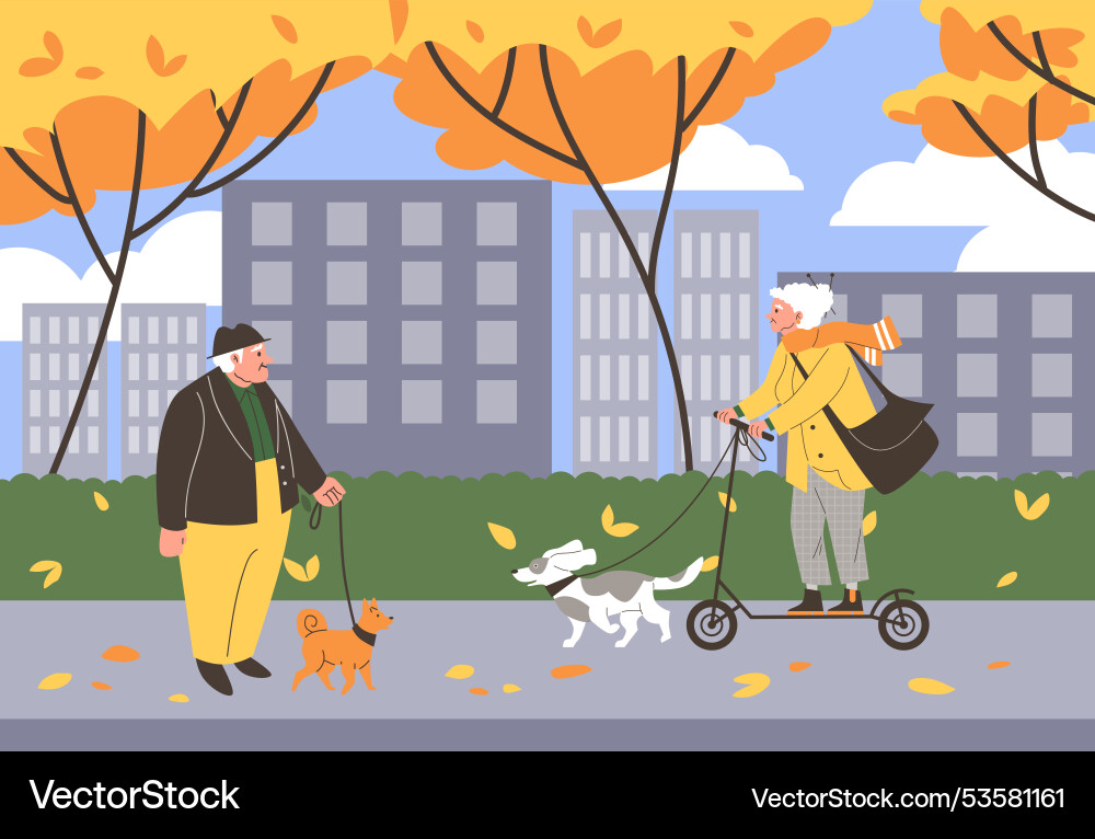 Active senior people walking with dogs and riding Active senior people walking with dogs and riding vector image