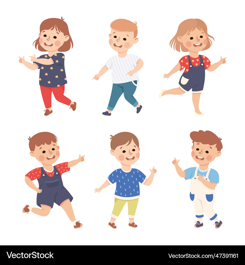 Funny kids pointing at something with extending Vector Image