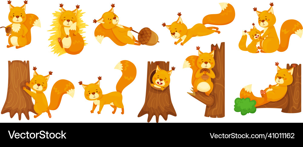 Cartoon cute squirrels sleeping jumping sitting Cartoon cute squirrels sleeping jumping sitting vector image