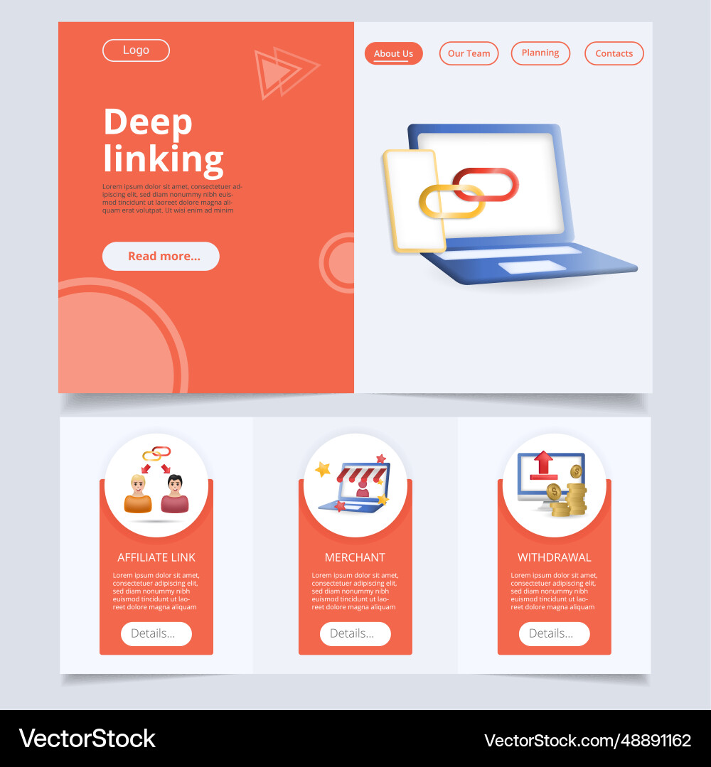 Deep linking flat landing page website template Deep linking flat landing page website template vector image