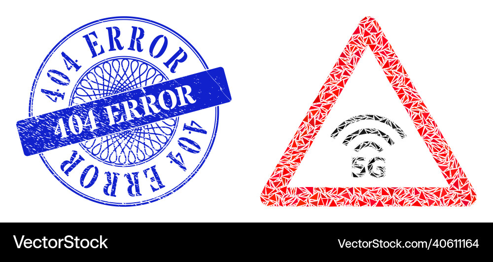 Grunge 404 error badge and triangle 5g warning Vector Image