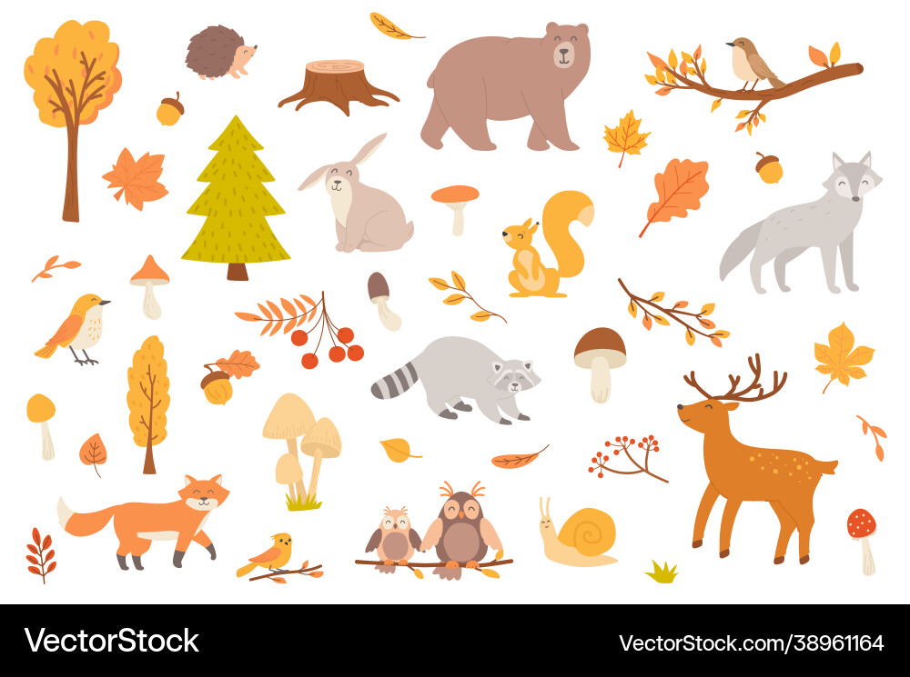 Herbstwald mit tierischen isolierten Objekten Set Herbstwald mit tierischen isolierten Objekten Set vektorbild