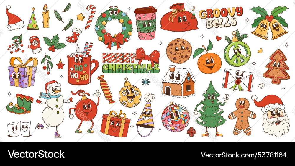 Retro cartoon groovy christmas funky characters Retro cartoon groovy christmas funky characters vector image