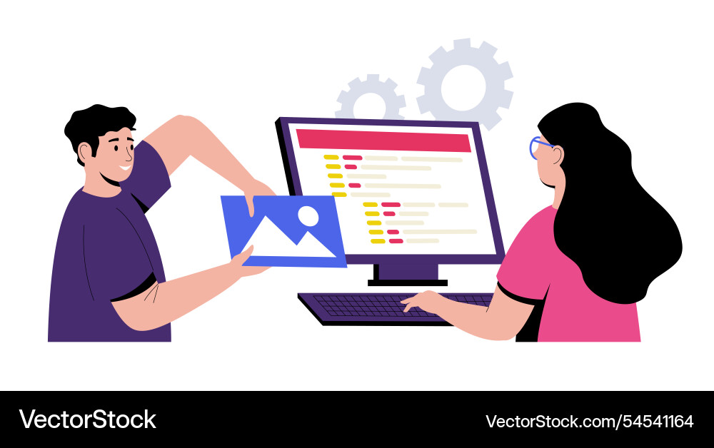 Two web developers collaborating on digital Two web developers collaborating on digital vector image