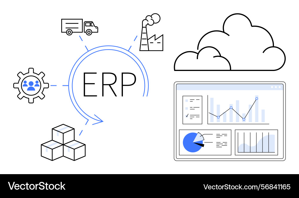 Erp system overview with factory cloud computing Erp system overview with factory cloud computing Vector Image