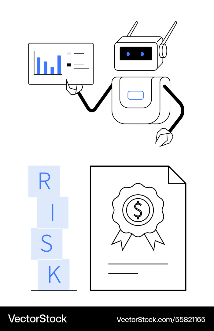 Robot analyzing financial graphs with risk Robot analyzing financial graphs with risk Vector Image