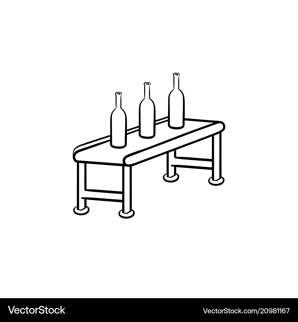 Conveyor belt with bottles hand drawn outline Conveyor belt with bottles hand drawn outline vector image