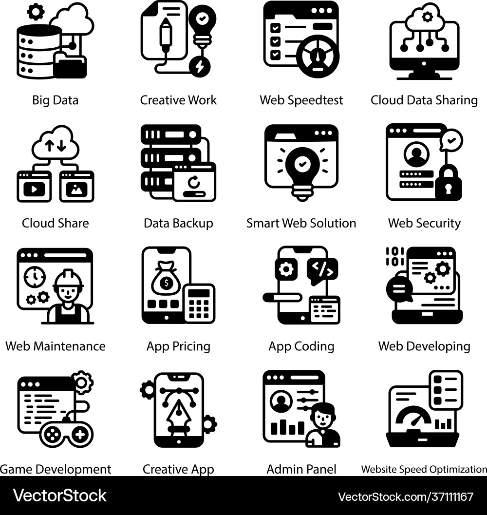 Data and web development in solid icons style Vector Image