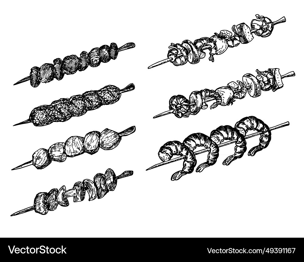Different types of kebab on a skewer skewers set Different types of kebab on a skewer skewers set Vector Image