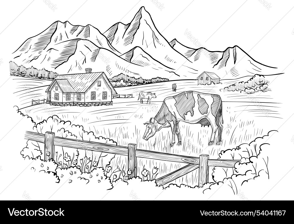 Landschaft mit Kühen und ländliche Szene linear Landschaft mit Kühen und ländliche Szene linear vektorbild
