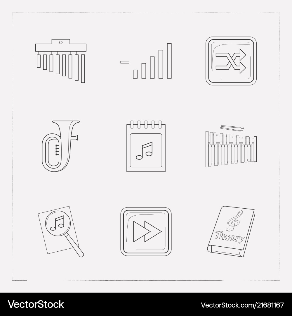 Set of audio icons line style symbols with search Set of audio icons line style symbols with search vector image