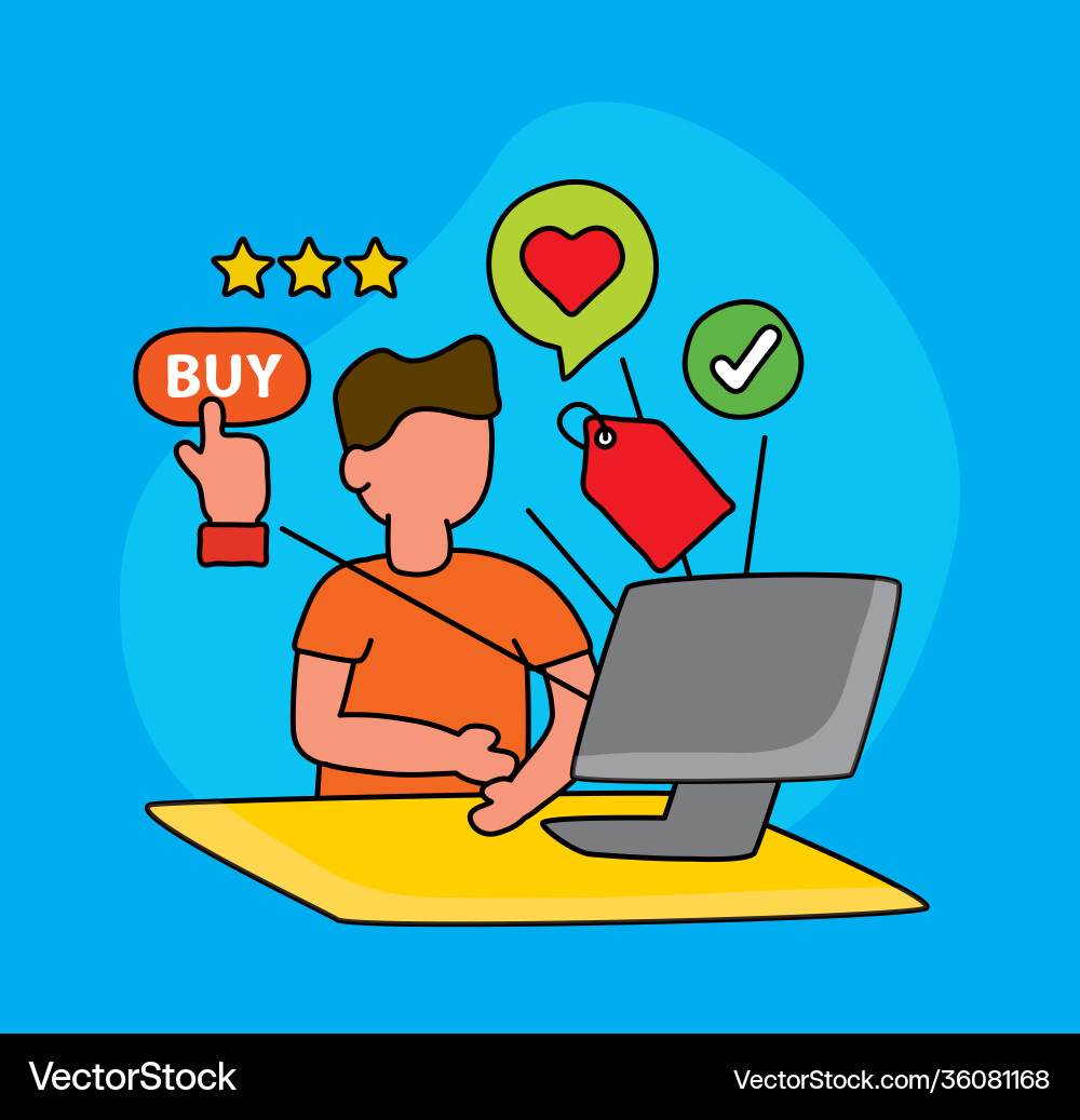 Online shopping with man using desktop vector image