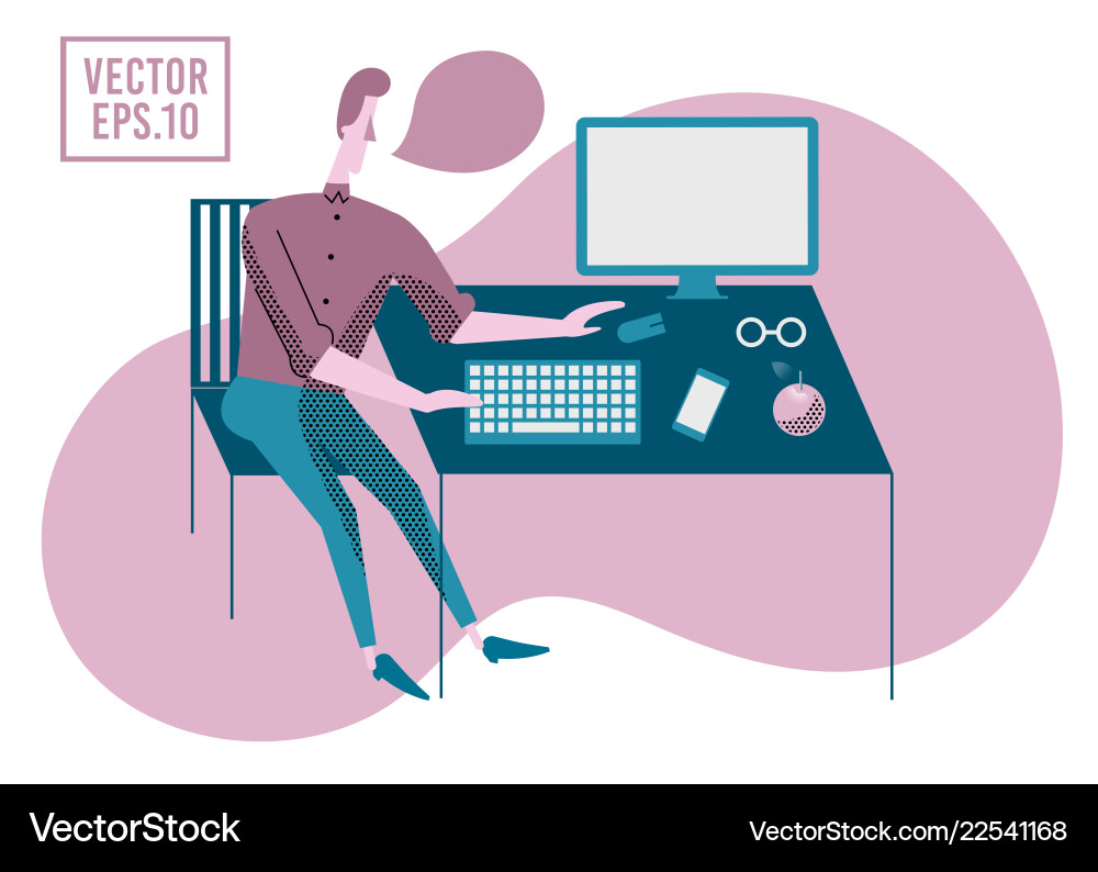 Young Man Working on Laptop Vector Image